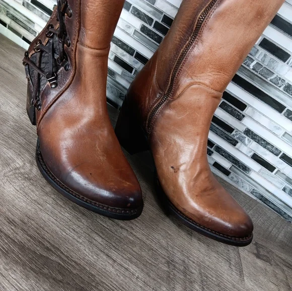 Freebird Wyatt 8M Cognac Brown Leather Knee-High Lace Up Granny Boots Rare New - Picture 6 of 16